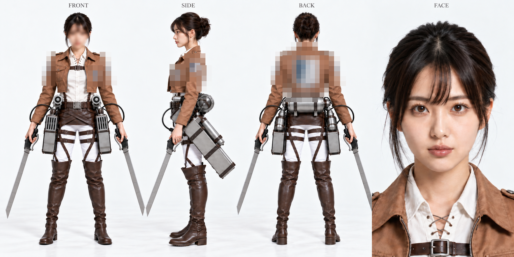 今回の題材のキャラクターシート(FRONT/SIDE/BACK/FACE)。紋章はモザイク処理
