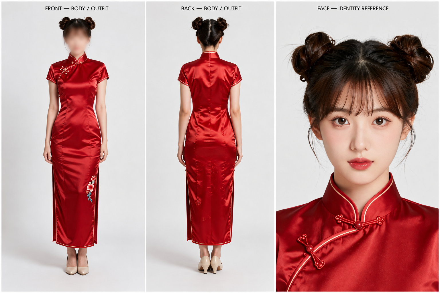 赤いロングのチャイナドレスのキャラクターシート。FRONT(顔ぼかし)・BACK・FACEの3面構成。足首丈で深いスリット、金の縁取り、左腰に花の刺繍