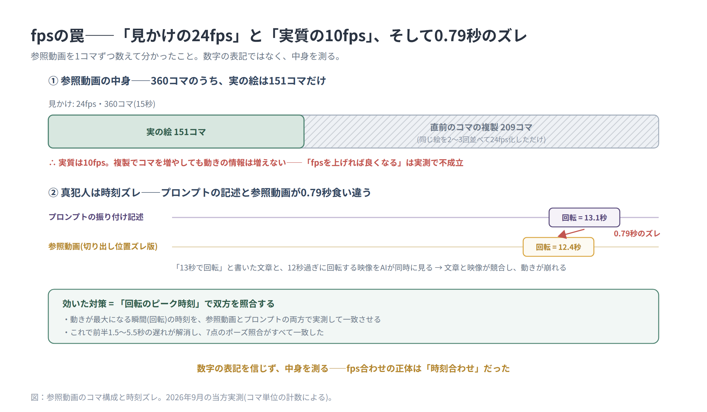 fpsの罠の図解。参照動画は24fps表記の360コマのうち実の絵は151コマで実質10fps。さらにプロンプトの振付記述と参照動画の切り出し位置が0.79秒ずれると文章と映像が競合して動きが崩れる