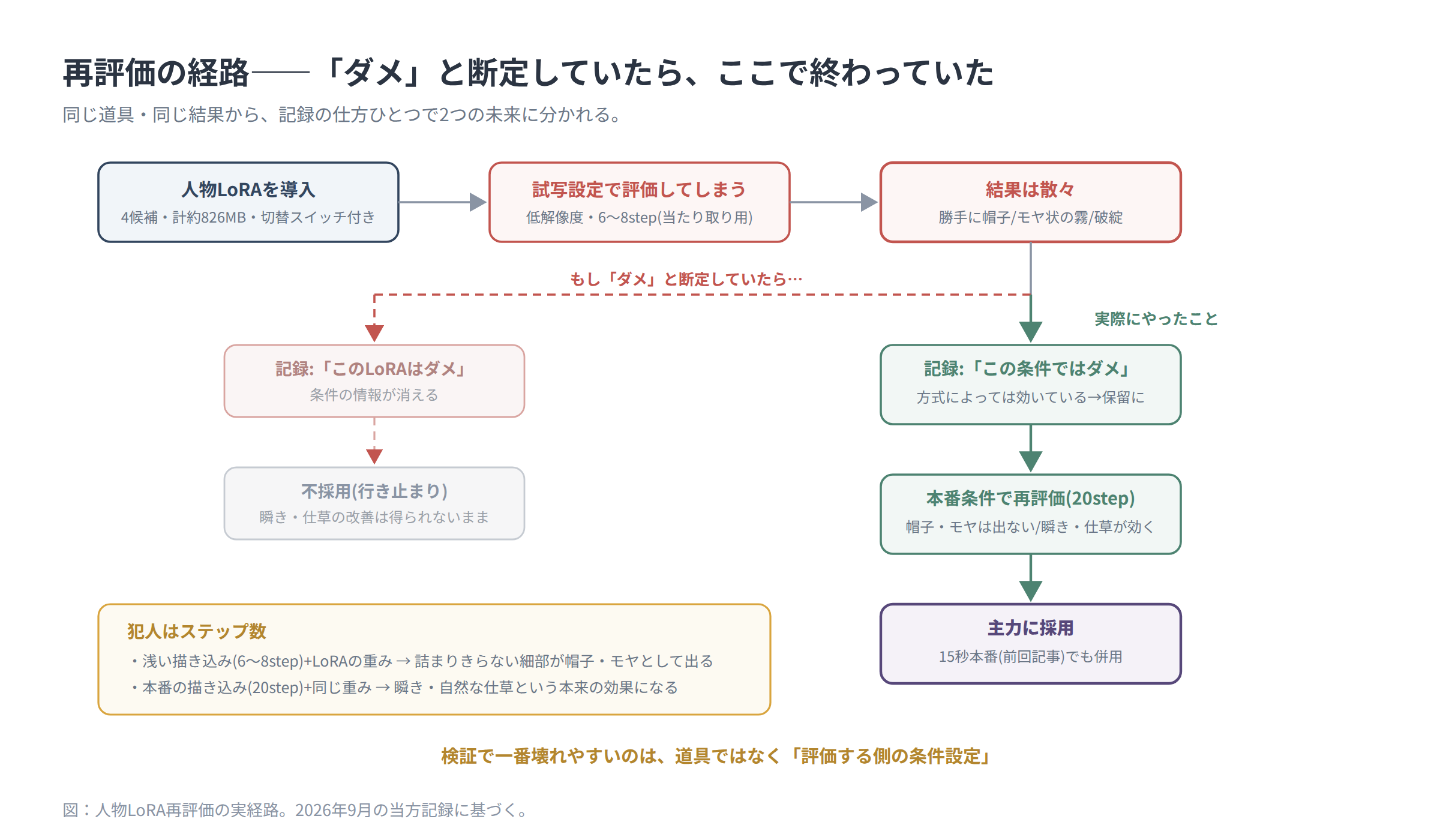LoRA再評価の経路図。試写設定で評価して散々な結果になった後、「ダメ」と断定する行き止まりの道と、条件を分けて記録して保留し本番条件で再評価して主力採用に至った実際の道の分岐を示す