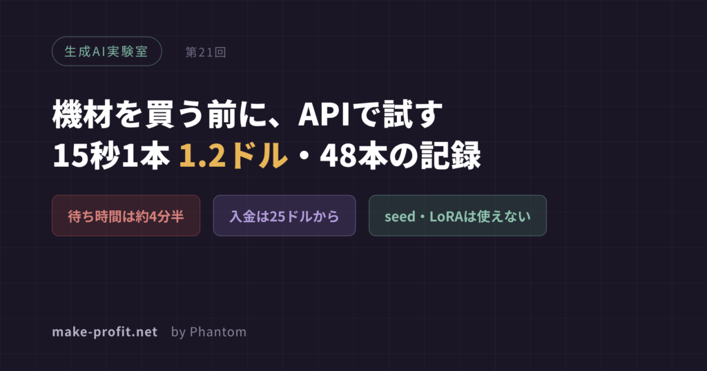 生成AI実験室 第21回 機材を買う前に、APIで試す。15秒1本1.2ドル・48本の記録