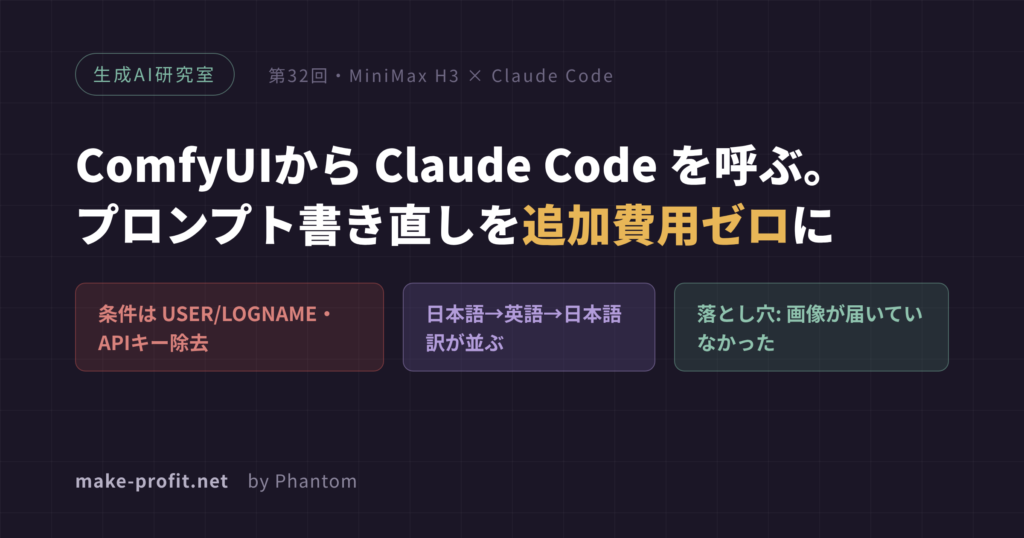 ComfyUIから Claude Code を呼ぶ——MiniMax H3のプロンプト書き直しを追加費用ゼロにした(生成AI研究室32)