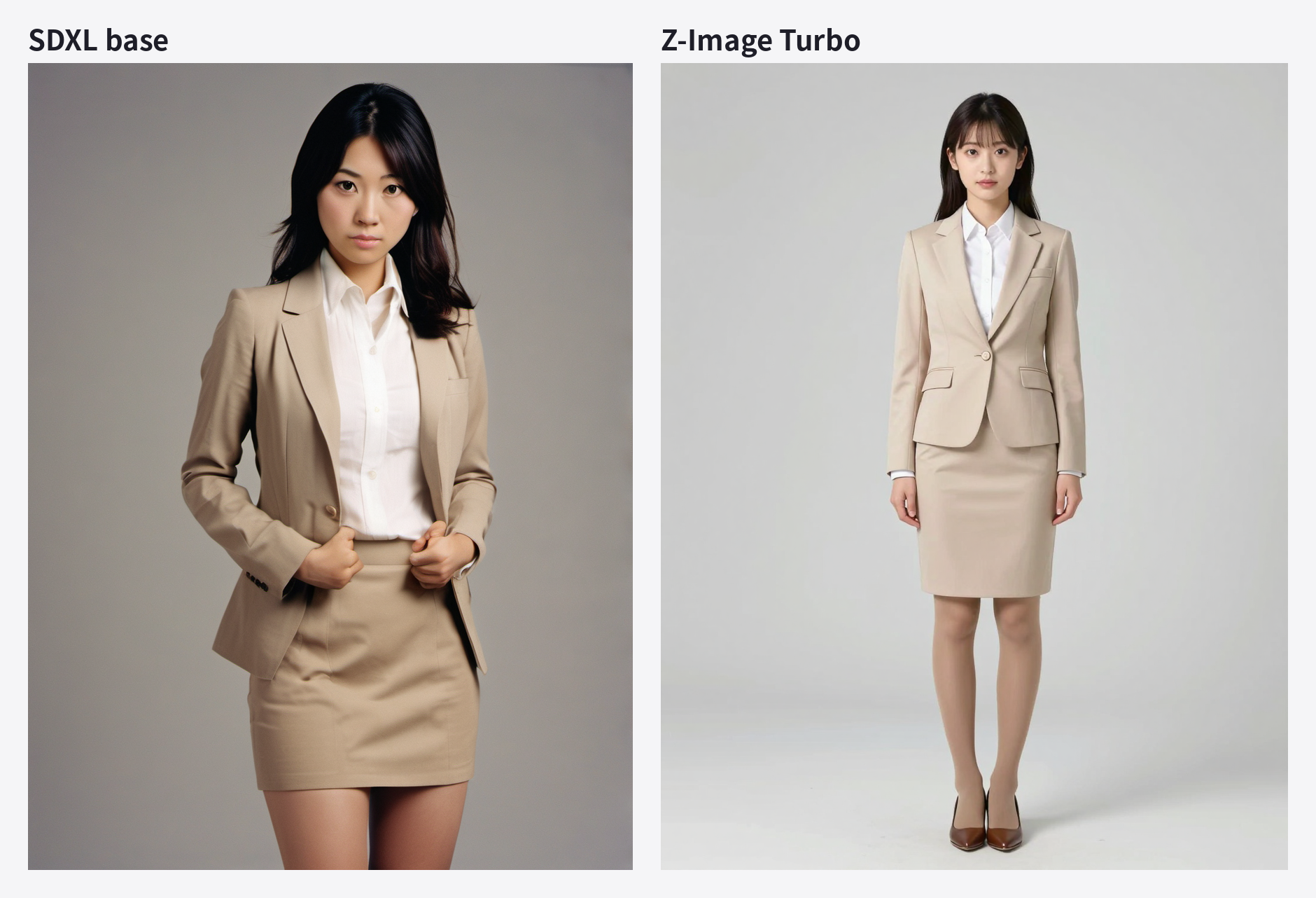 同じプロンプトで生成した女性: 左SDXL base、右Z-Image Turbo